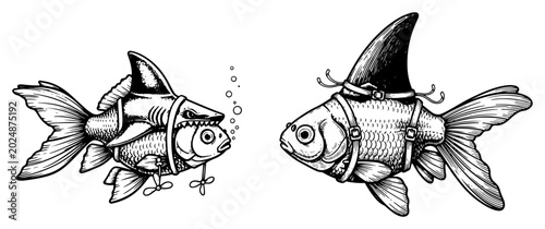 Fotografija Humorous goldfish wearing shark fins with mechanical propellers in vintage engra