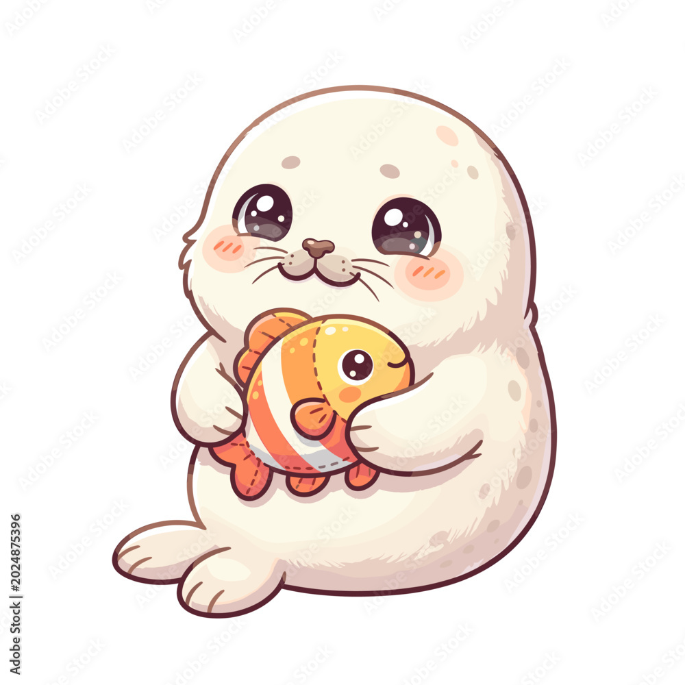 Fototapeta premium Cute seal holding a fish illustration