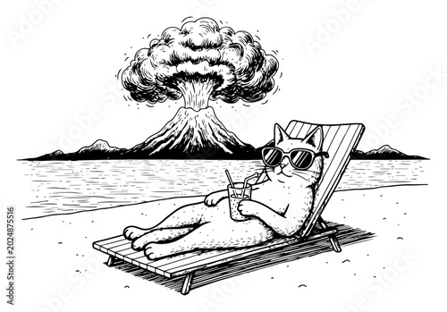 Fotografija Cat relaxing on beach during nuclear explosion in vintage engraving style