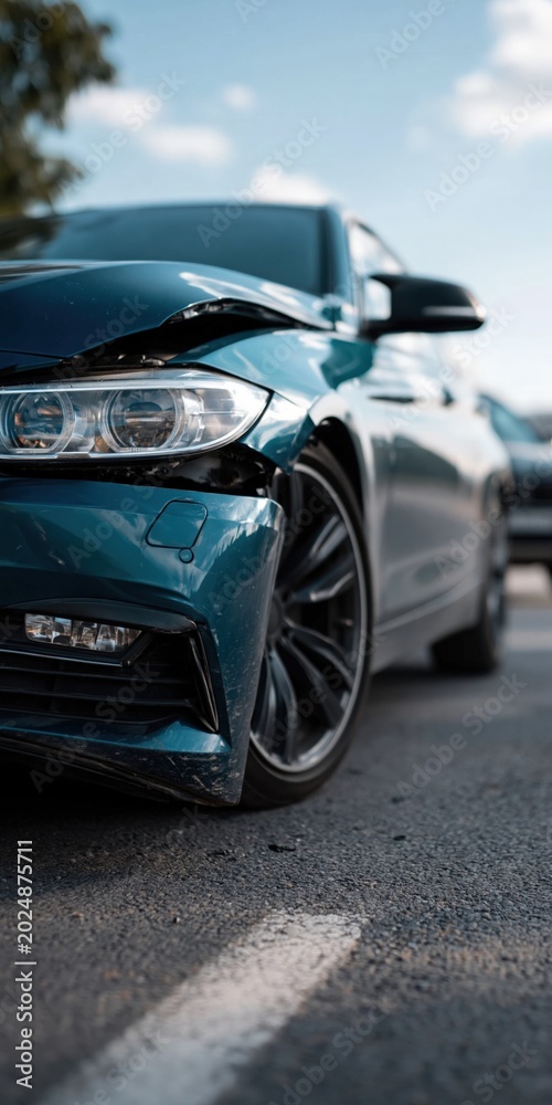 Fototapeta premium Close up of damaged car front corner on asphalt road during daytime