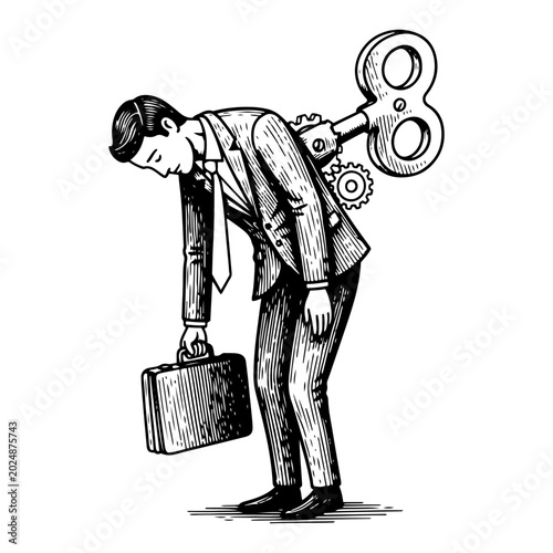Obraz na plátne Businessman with wind-up key on back looking exhausted in vintage engraving styl