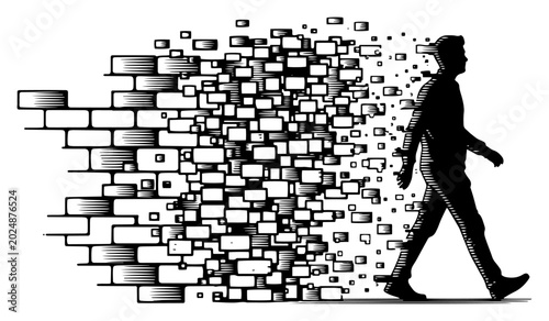 Bild auf Leinwand Man walking away from disintegrating brick wall in conceptual hatching style