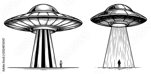 Canvastavla Flying saucer spacecraft beaming up human silhouette in vintage engraving style