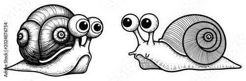 Photos Snails with large googly eyes in humorous engraving style