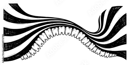 Teeth path with striped dynamic waves in vintage engraving style