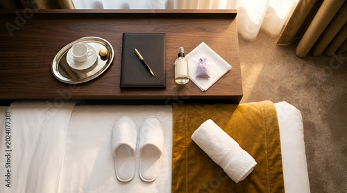 A meticulously arranged hotel room welcome, showcasing upscale amenities and a serene ambiance for a successful and relaxing guest experience