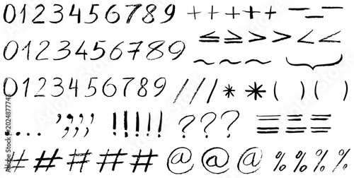 Fotografie Hand-drawn style textured numbers, mathematical operator signs and financial pun