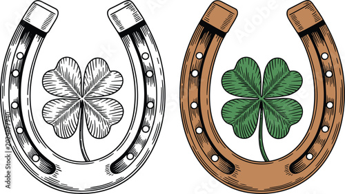 Quadro su tela Horseshoe with four leaf clover vector collection, lucky charm vintage illustrat