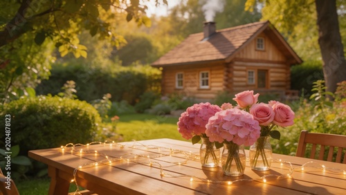 Wooden table with pink flowers in garden