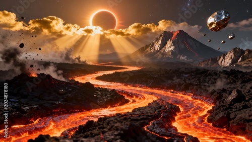 Lava river under solar eclipse
