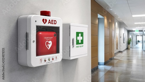 AED Automated External Defibrillator and First Aid Kit in Modern Office Hallway