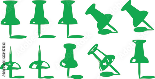 Foto Push pins in green shades are organized in various orientations to represent office organization and documentation tools