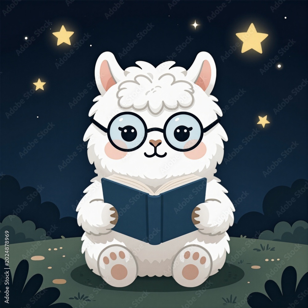 Fototapeta premium Cute cartoon alpaca with glasses reading book under starry night sky illustration