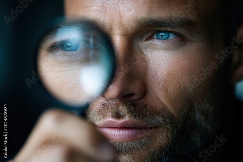Focus on Detail: A man with striking blue eyes peers intensely through a magnifying glass, his gaze sharp and determined. The close-up shot emphasizes his concentration and pursuit of clarity.
