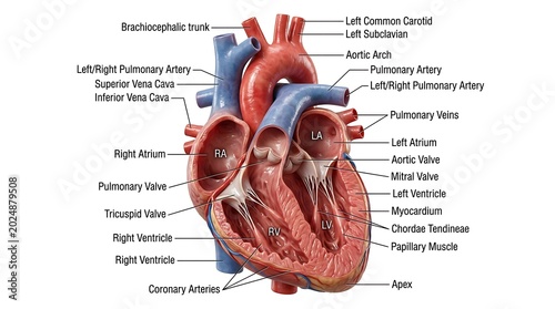 A detailed anatomical illustration of the human heart with labeled parts