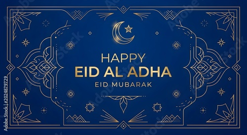 Luxury Blue and Gold Ornate Pattern Background with Happy Eid Al Adha Greeting and Traditional Border