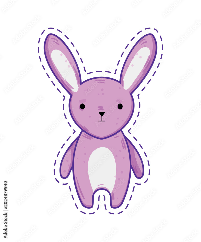 Obraz premium Vector illustration of a sweet plush pink rabbit toy with long ears standing straight. Cute cartoon sticker icon with a dashed cut line isolated on a white background.