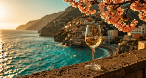 White wine glass overlooking scenic Mediterranean coastal village at sunset with pink blossoms