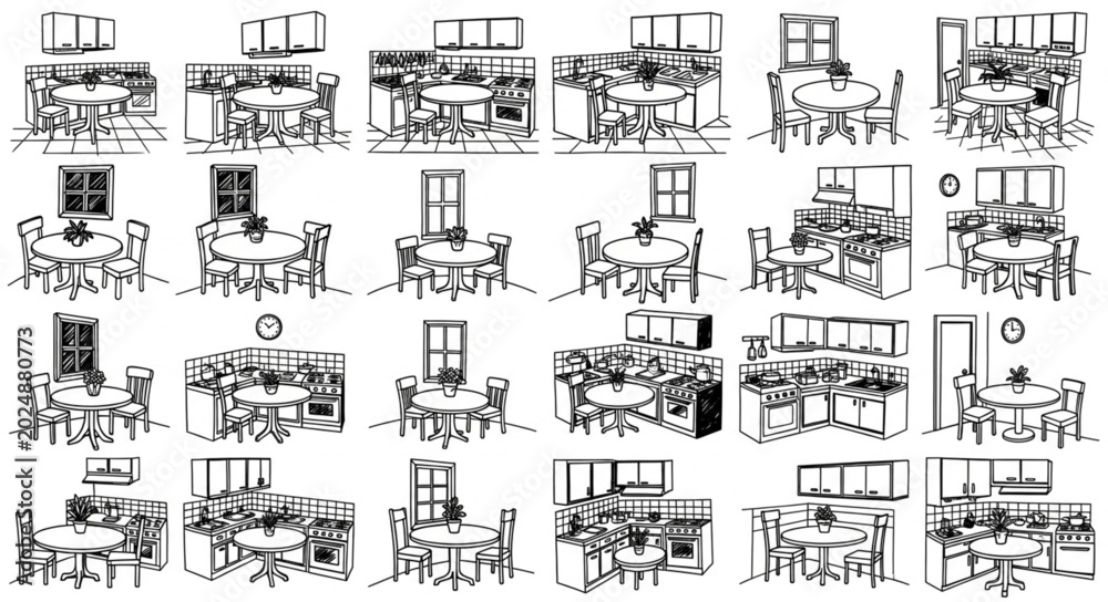 Naklejka premium Collection of Hand Drawn Office Meeting Room Sketches.