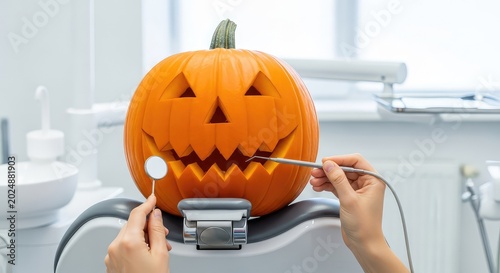 A cheerful carved orange Halloween pumpkin sits in a professional dental chair, getting a checkup with medical tools in a bright clinic, treatment, vegetable, healthcare