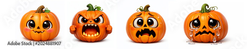 Bashful, Sad, Scared, Angry Emotional Cartoon Halloween Jack o Lantern Pumpkin Characters on a White Background