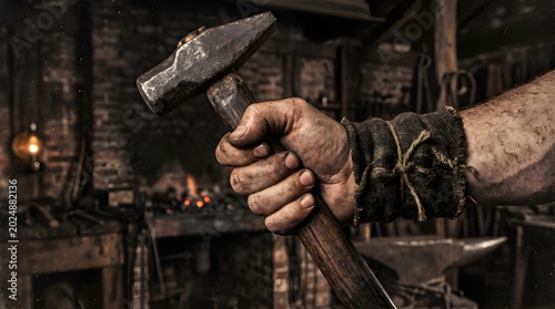 Strong Hand Holding Hammer in Forge