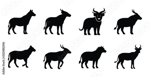 Fotografie Wildebeest Silhouette Collection, African Wildlife Vector Icons, Safari Animal G