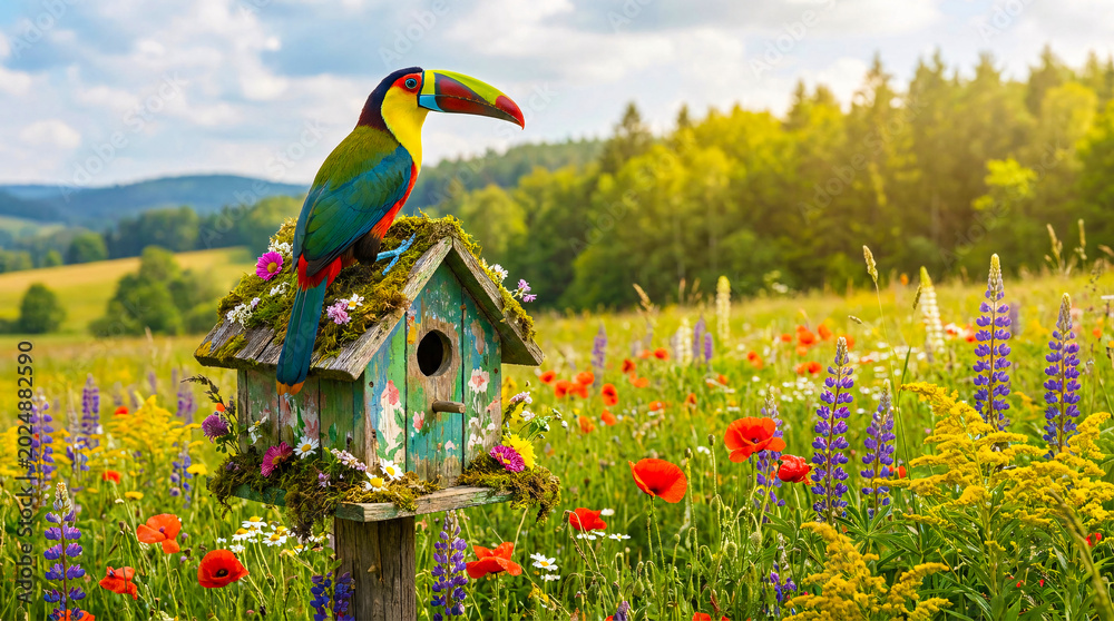 Fototapeta premium Toucan perched on a birdhouse in a vibrant flower meadow