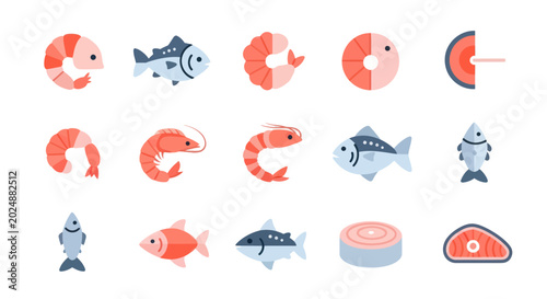 Seafood icons fish and shrimp illustrations