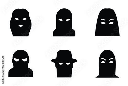 Schilderij op canvas Six Black Silhouette Masks, Disguise Icons, Anonymous Faces, Criminal Identity S