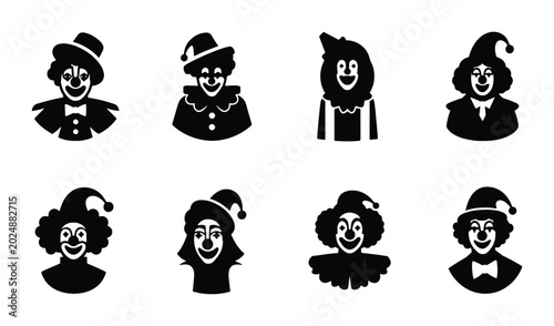 Quadro su tela Eight Black and White Clown Icons, Circus Performance Characters, Funny Entertai