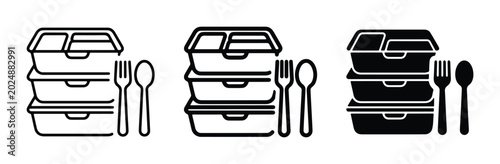 Takeaway Food Containers, Stacked Meal Prep Boxes with Cutlery, Disposable Lunch Packaging Icons