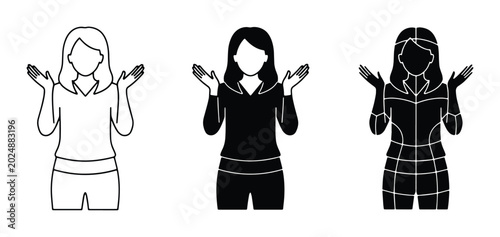 Bild auf Leinwand Shrugging Woman Icons, Set of 3 Female Figures, Expressing Uncertainty, Question