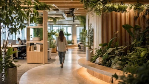Modern Biophilic Office Interior with Sustainable Green Design and Professional Woman