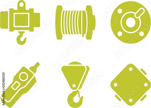 Hoist motors icon set for industrial lifting systems with cable drum and handset