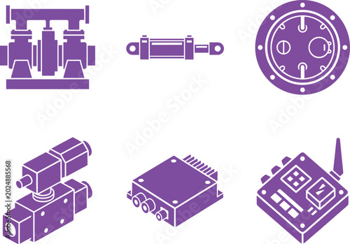 Wave energy converters icon set for ocean power with hpu and telemetry unit