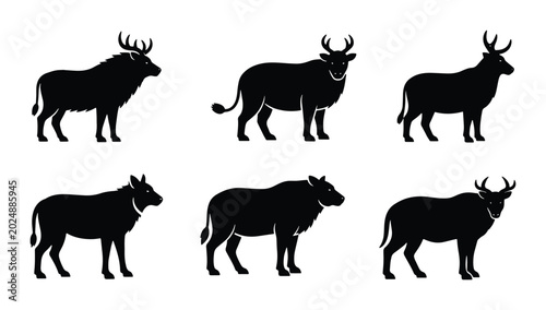 Tableau sur toile African Wildlife Silhouettes: Wildebeest, Buffalo, and Antelope Vector Icons for