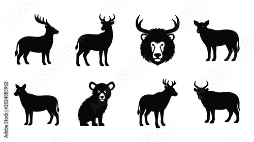 Canvastavla Diverse Wildlife Silhouettes: Majestic Deer, Powerful Lion, Bear, and Bison Vect