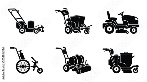 Foto Gardening Equipment Icons: Lawn Mowers, Spreaders, and Rollers, Vector Set for L