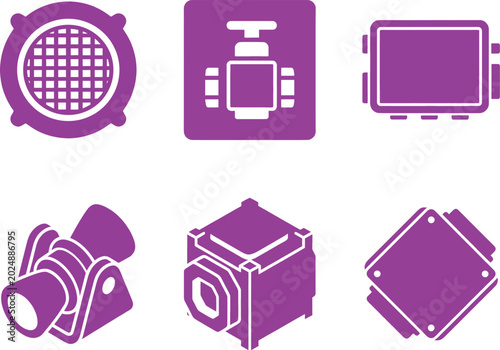 Ion thrusters icon set for spacecraft propulsion with thruster grid and propellant valve