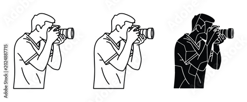 Fotografie Photographer Icon Set, Male Shooter Holding Camera, Silhouette and Outline Style