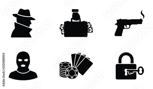 Foto Crime Icons Set: Detective, Money Briefcase, Gun, Robber, Poker Chips, Padlock