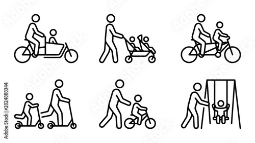 Foto Family Outing Icons: Parents with Children on Bikes, Scooters, Strollers, and Sw