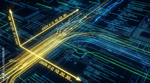A futuristic digital illustration of circuit boards and data streams with glowing yellow lines and blue green neon lights.