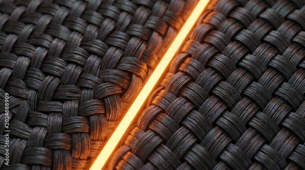 Fototapeta premium A close-up view of a woven surface with a glowing orange line running through it
