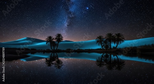 Glowing sand dunes under a vast starry sky at night with a lush oasis including palm trees and a reflective pond mirroring the deep cosmos, scenic, tranquil, sand