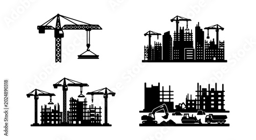 Canvastavla Construction Site Icons: Cranes, Buildings, Cityscape, Heavy Machinery Vector Se