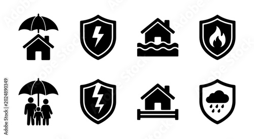 Canvastavla Insurance Icons Set: Home, Family, Flood, Fire, Storm Protection Shields