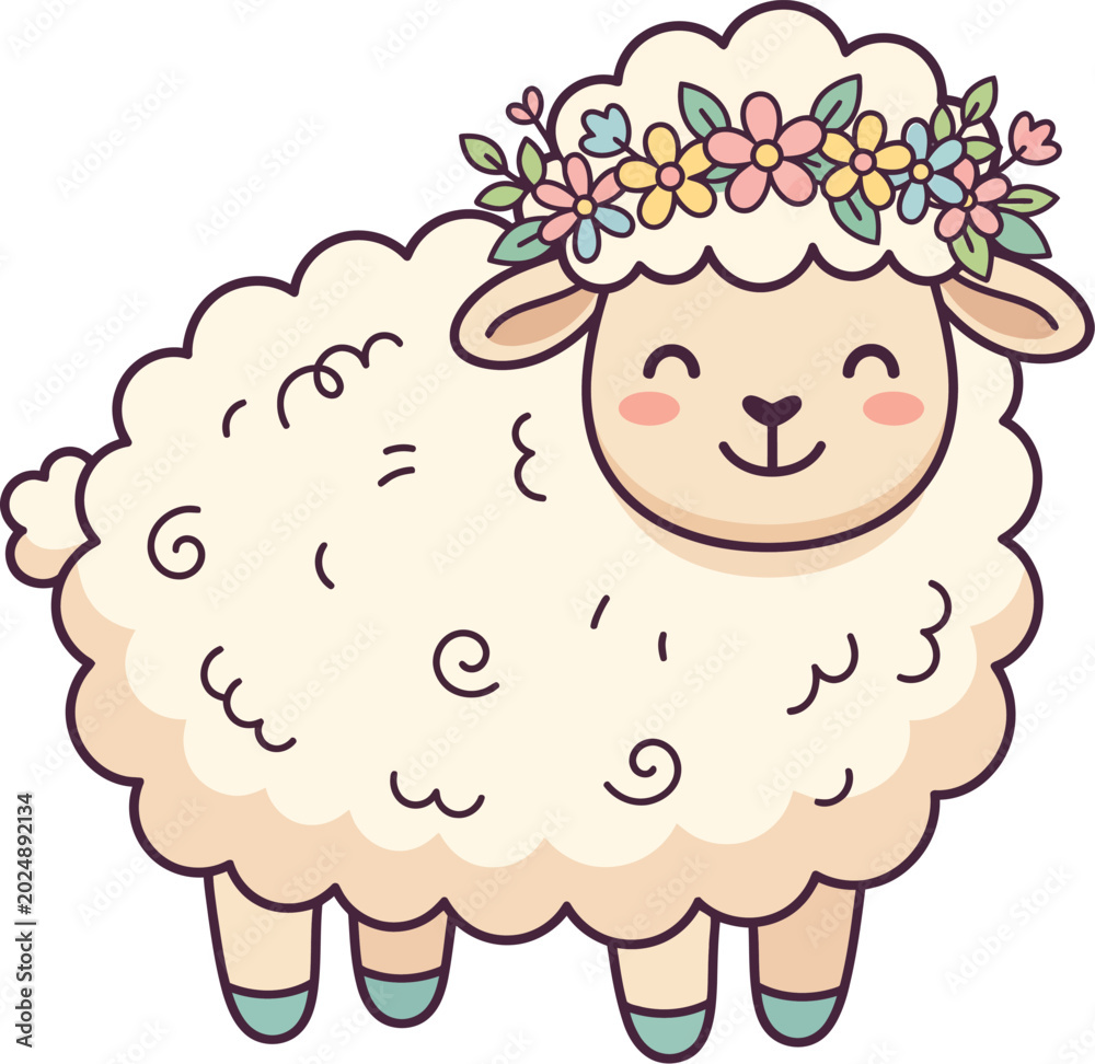 Fototapeta premium Adorable fluffy sheep illustration wearing a beautiful floral wreath on its head, smiling happily with a cheerful expression.
