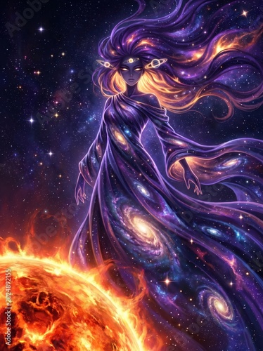 Cosmic goddess floating in deep space near a bright star